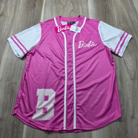 Barbie Tops - Barbie Baseball Jersey Pink White Button Up Logo 59 Graphic Shirt Large Womens